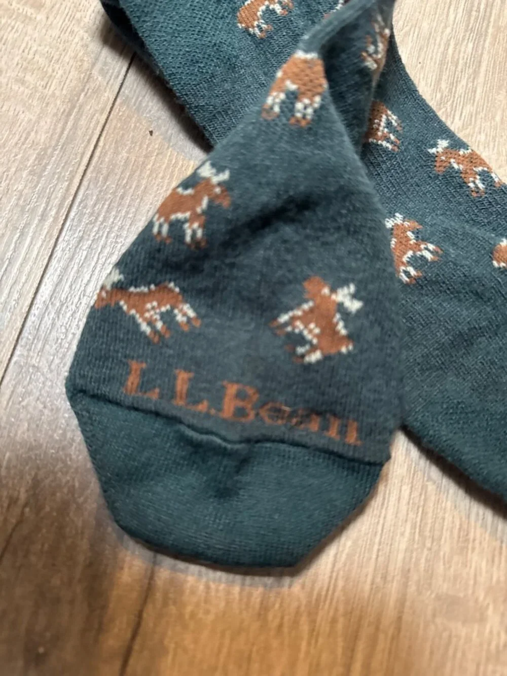 L.L.Bean Maine Motif Socks Merino Wool Blend Moose Pattern Green & Brown Casual